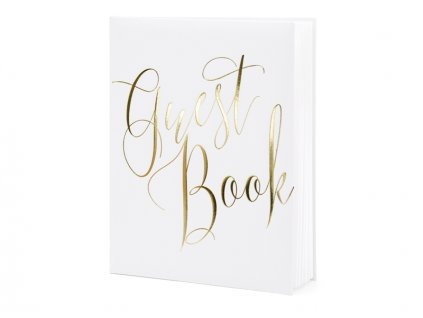 Svatební kniha hostů bílá se zlatým psacím nápisem Guest Book