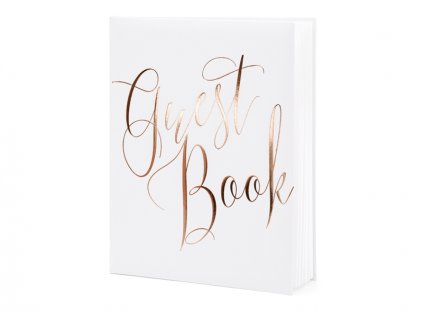 Svatební kniha hostů bílá s psacím růžovozlatým nápisem Guest Book