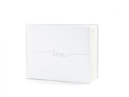 Svatební kniha hostů bílá se stříbrným psacím nápisem Love