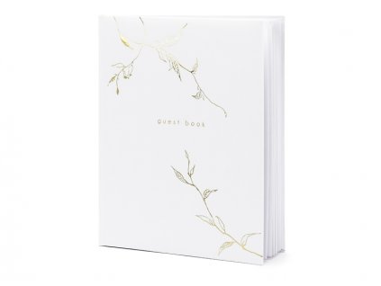 Svatební kniha hostů bílá se zlatým nápisem Guest Book a větvičkami