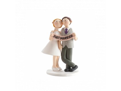 deKorace Nevěsta a ženich držící nápis Just married - svatební figurka na dort