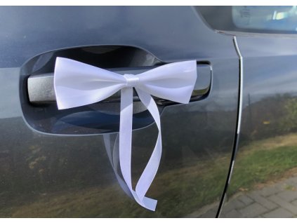 Saténová mašle bílá se stuhou k nalepení - dekorace na svatební auto