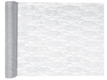Krajková šerpa na stůl bílo stříbrná 28 cm x 5 m - šerpa na slavnostní svatební stůl