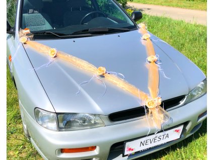 Šerpa na svatební auto broskvová s broskvovými kvítky - šerpy na svatební auta