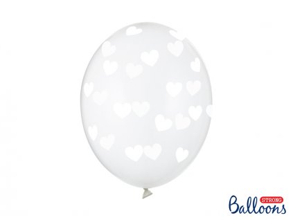 Balónky průhledné s bílými srdíčky  30 cm 6 ks