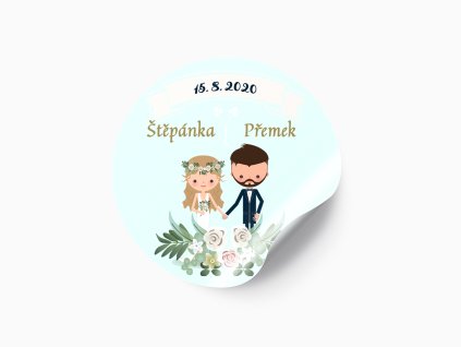 1635 svatebni nalepka kresleny par s girlandou