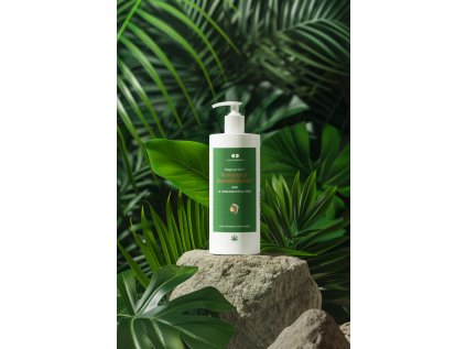 mockup of an ai generated shampoo bottle placed on a rock m50672