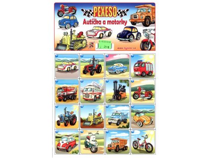 Pexeso autíčka a motorky obsahuje 2 x 32 hracích kartiček