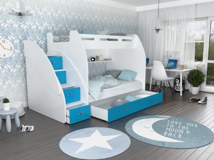 patrová postel s úložným prostorem schůdky Zuzia modrá