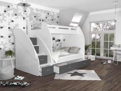 patrová postel s úložným prostorem schůdky Zuzia šedá