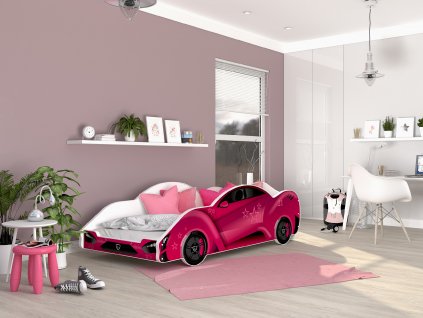 10 dětská postel auto růžové auto hvězdy