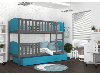patrová postel s úložný prostorem šedá modrá