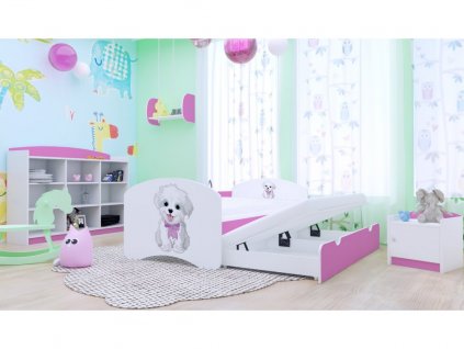 Dětská postel pro dvě děti pejsek s mašlí růžová