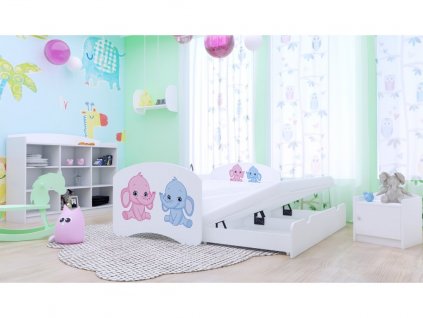 dětská postel pro dvě děti růžový a modrý slon bílá