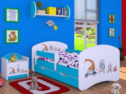 dětská postel s obrázkem a úložným prostorem zvířátka na kole modrá
