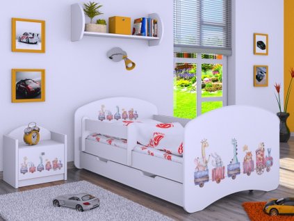 dětská postel s obrázkem a úložným prostorem zvířátka ve vlaku pastel bílá svetpokoju