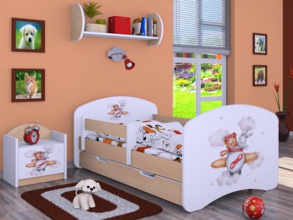 dětská postel s obrázkem a úložným prostorem medvídek a králíček v letadle světlá hruška svetpokoju