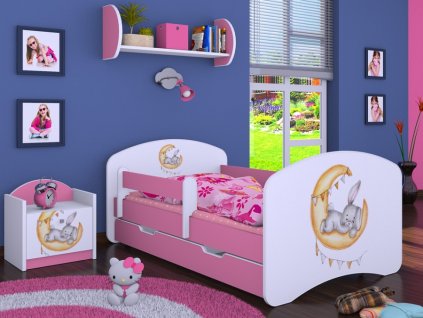 dětská postel s obrázkem a úložným prostorem králíček a žlutý měsíc růžová