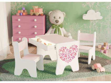 detsky stul s zidli a suplikem srdce ruzová