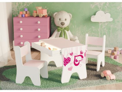 detsky stul s zidli a suplikem padající srdce ruzova