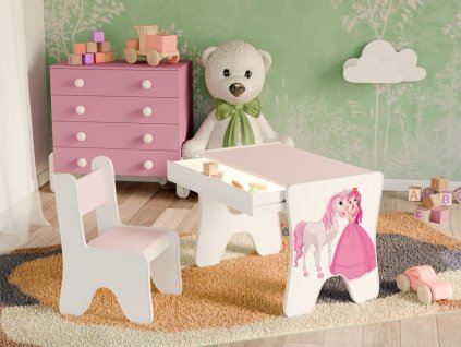 Dětský stůl a židle s šuplíkem - PRINCEZNA S KONÍKEM