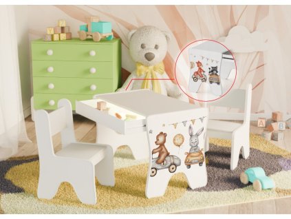 detsky stul s obrazkem zviratka v aute 2 zidle bila