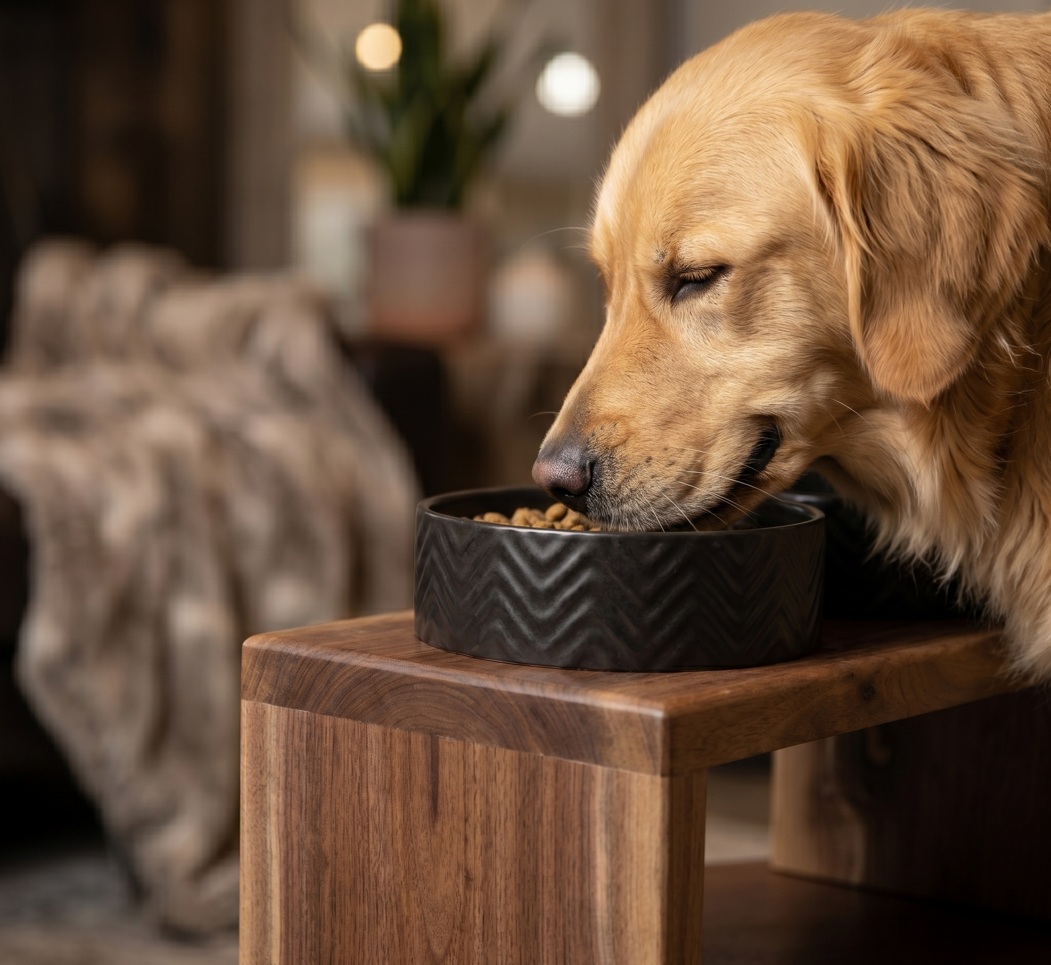 Pes jí z keramické misky ve dřevěném stojanu v dekoru ořech