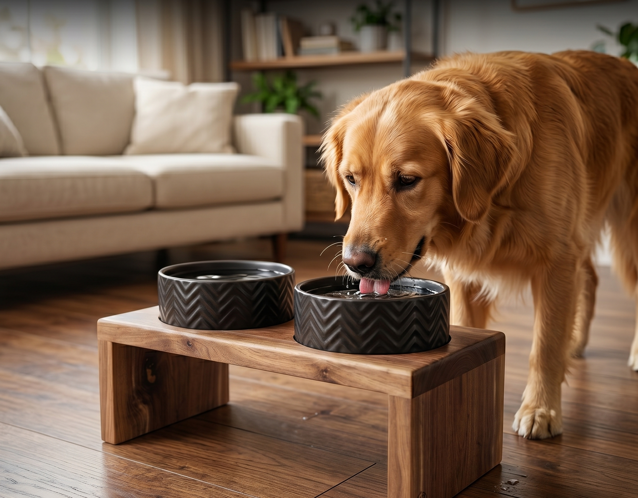 Dřevěný stojan na dvě keramické misky pro psa v dekoru ořech