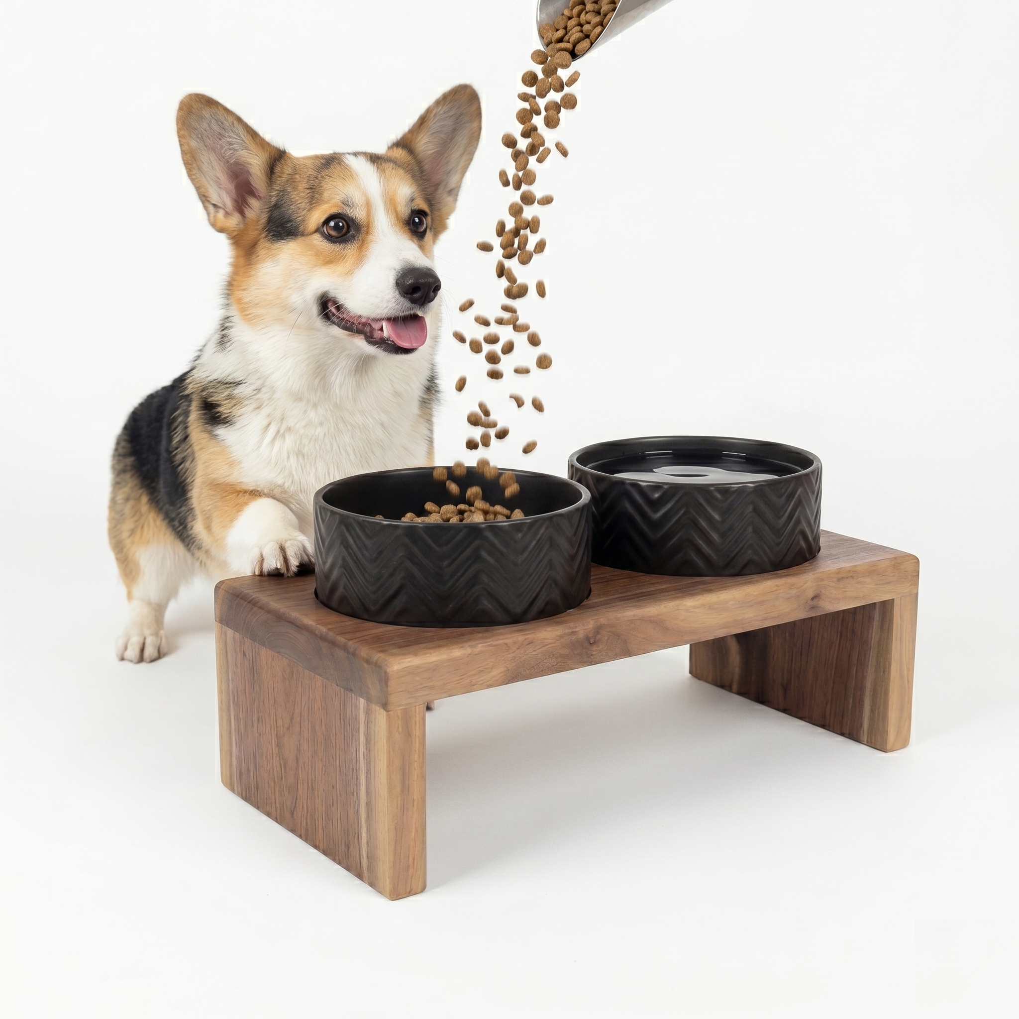 Pes u dřevěného stojanu na dvě keramické misky v dekoru ořech