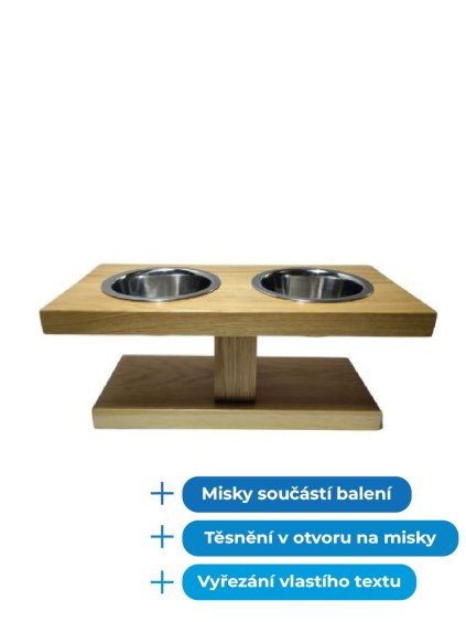 Vyvýšený stojan na 2 misky pro psa SANTI (1 ST Zvolte typ dřeviny nebo odstín Olše (dřevo), ST Misky + rozměry 2M nerez miska 21cm (50 x 26cm), ST Výška stojánku 20cm (střední plemeno))