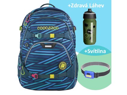 Školní batoh coocazoo ScaleRale, Zebra Stripe Blue, certifikát AGR + LED Čelovka 3W + Sportovní láhev