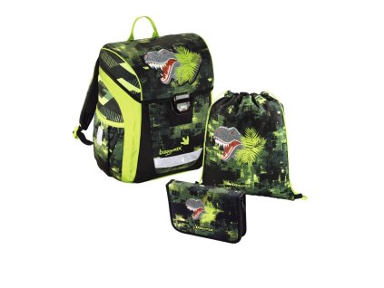 Školní aktovka - 3-dílný set, Baggymax Trikky Dino, hmotnost pouze 0,65 kg + LED Svítilna