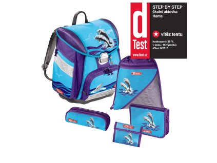 Školní aktovka - 5-dílný set, Step by Step Delfíni, certifikát AGR + LED Čelovka 3W