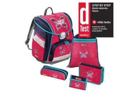 Školní aktovka - 5-dílný set, Step by Step Motýl, certifikát AGR + LED Čelovka 3W