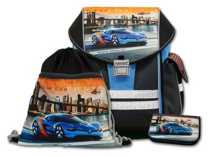 Školní aktovkový set ERGO ONE Top Car 3-dílný + LED Čelovka 3W