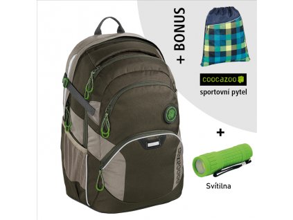 Školní batoh Coocazoo JobJobber2, Solid Woodsman + LED Čelovka 3W + sportovní pytel