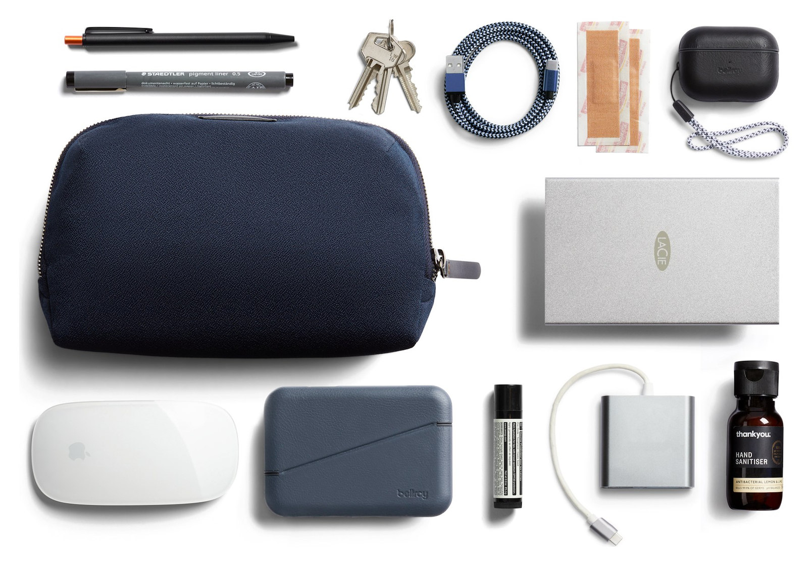 Bellroy Desk Caddy – přehled rozloženého obsahu