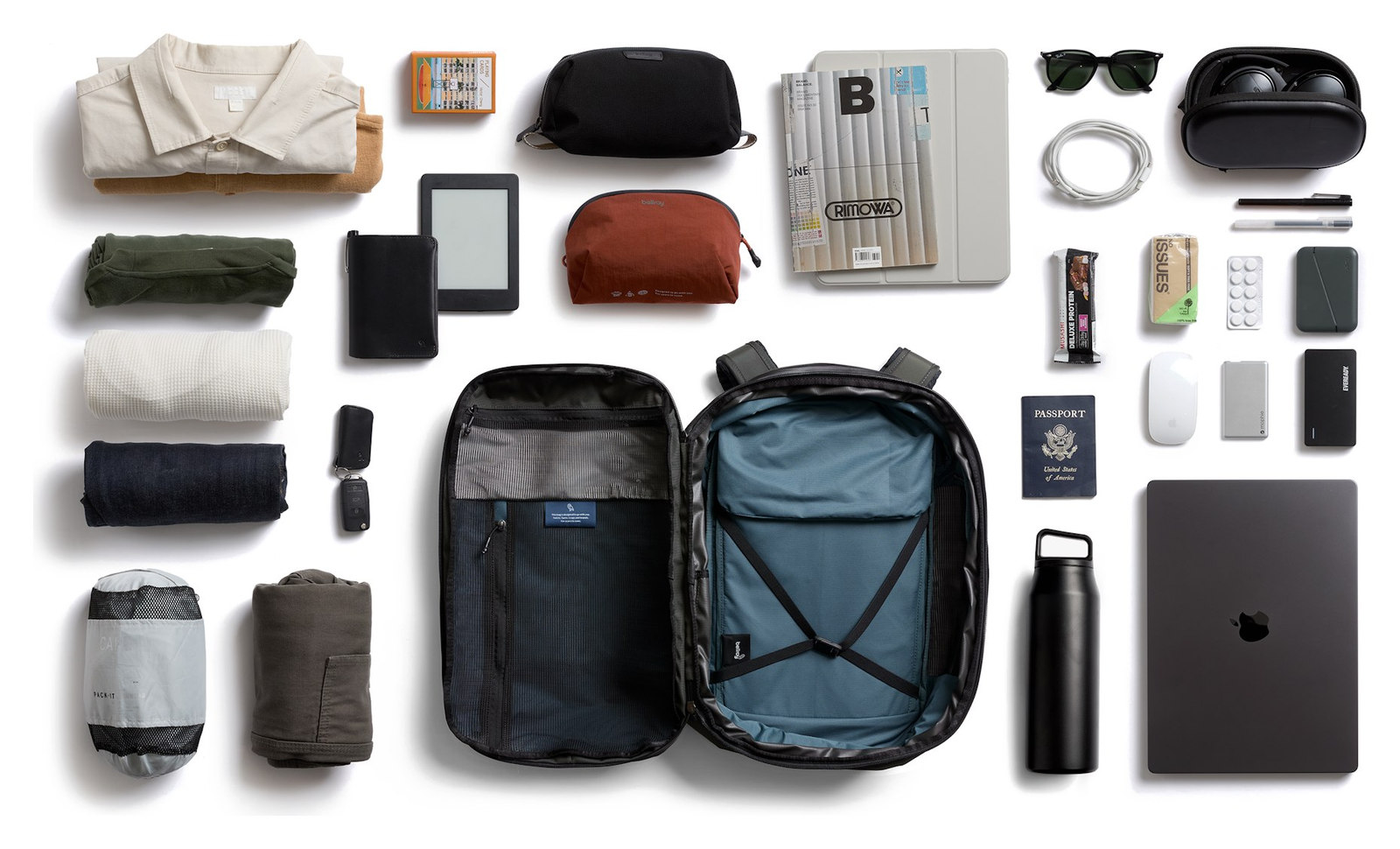 Bellroy Transit Travel Pack Pro 38 l – přehled rozloženého obsahu