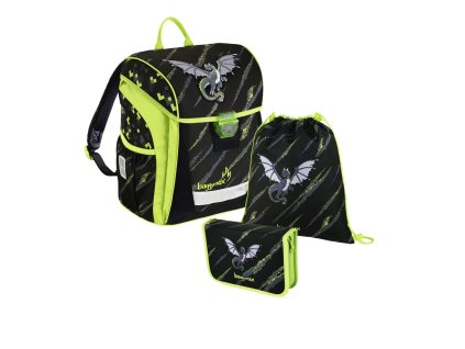 Školní aktovka - 3-dílný set, Baggymax Trikky Drak, hmotnost pouze 0,65 kg + LED svítilna
