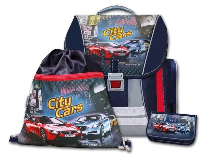 Školní batohový set City Cars 3-dílný + LED svítilna