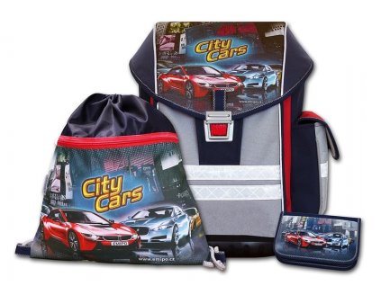 Školní aktovkový set ERGO ONE City Cars 3-dílný + Sluchátka, myš nebo pouzdro