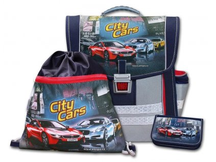 Školní aktovkový set City Cars 3-dílný + LED svítilna