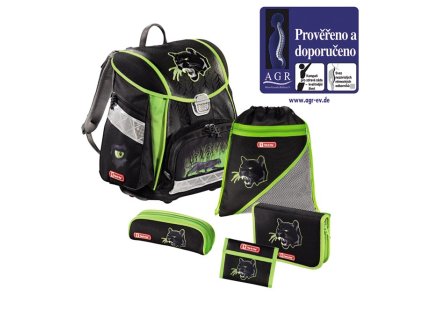 HAMA Školní aktovka - 5-dílný set, Step by Step Černý panter, certifikát AGR + Sluchátka, myš nebo pouzdro