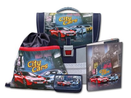 Školní aktovkový set City Cars 4-dílný + LED svítilna