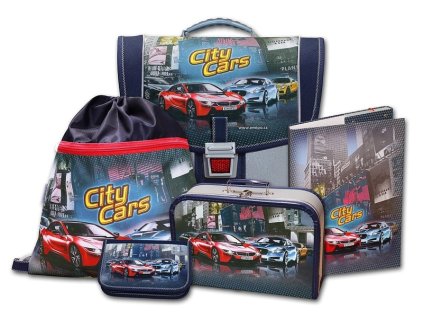 Školní aktovkový set City Cars 5-díný + LED svítilna