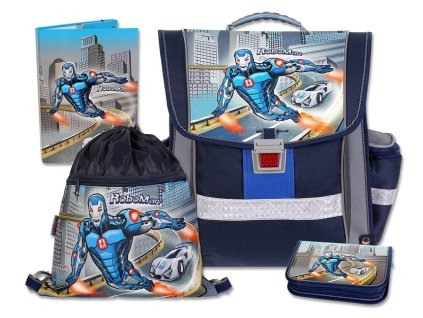 Školní aktovkový set Roboman 4-dílný + LED svítilna
