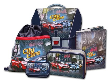 Školní batohový set City Cars 5-dílny + LED svítilna