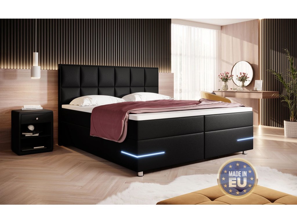 Boxspring postel MILANO s LED, eko kůže - černá