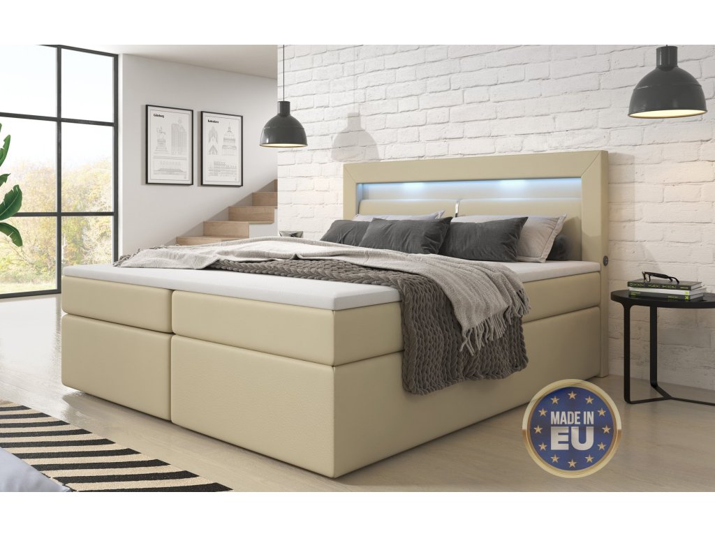 Boxspring postel REPOS s úložným prostorem, LED a USB, samet - béžová