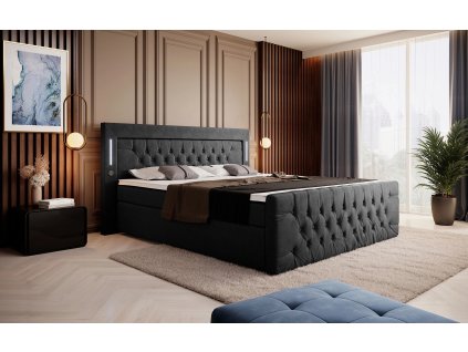 Boxspring postel ELEGANCE s úložným prostorem, LED a USB - černá